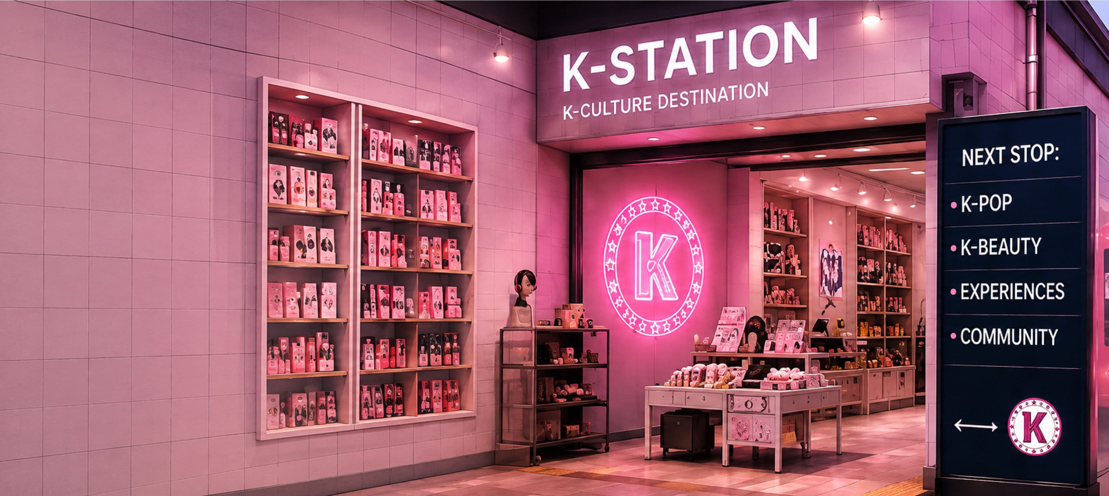 K-Station storefront with product shelves and a Next Stop directory sign