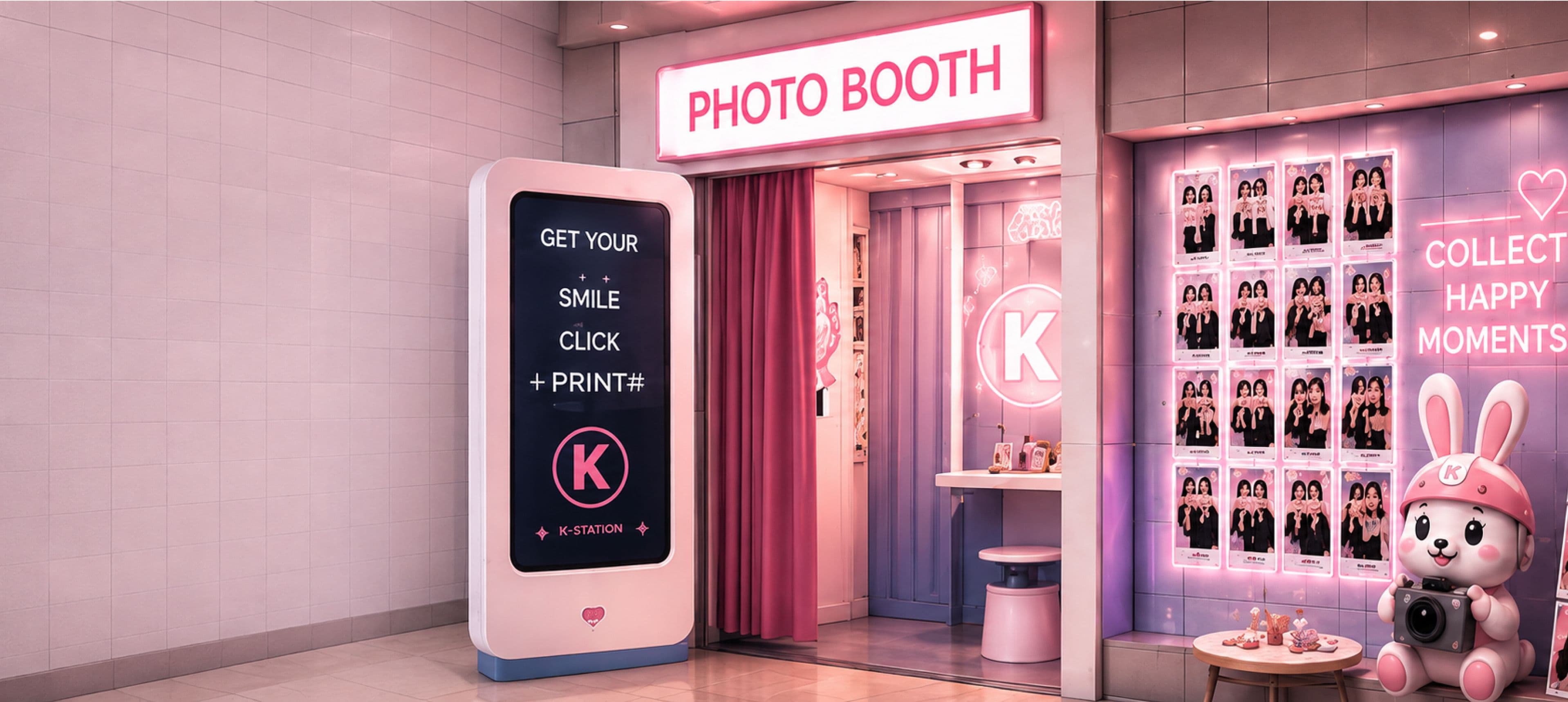 K-Station photo booth entrance beside a wall of printed photo strips