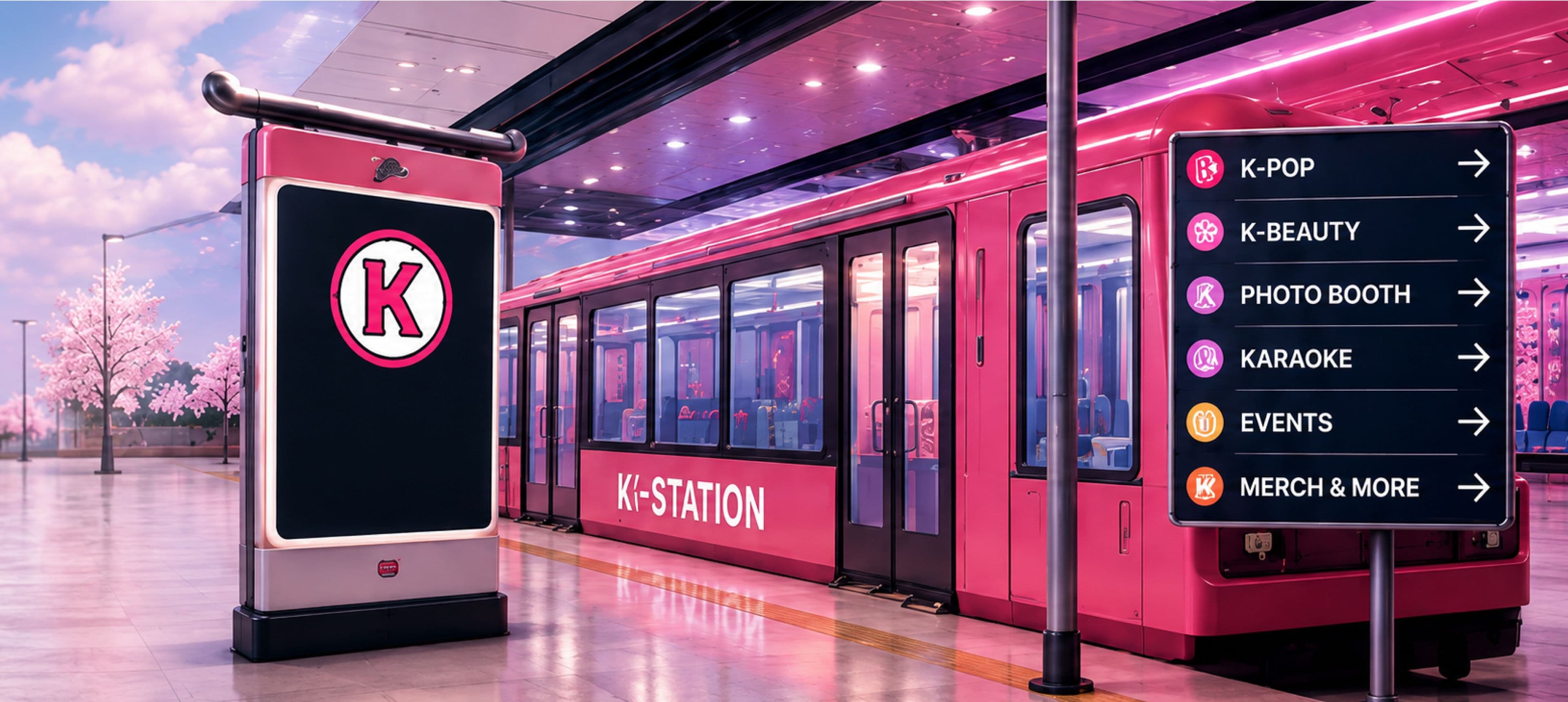 Pink K-Station train at the platform beside a station directory sign
