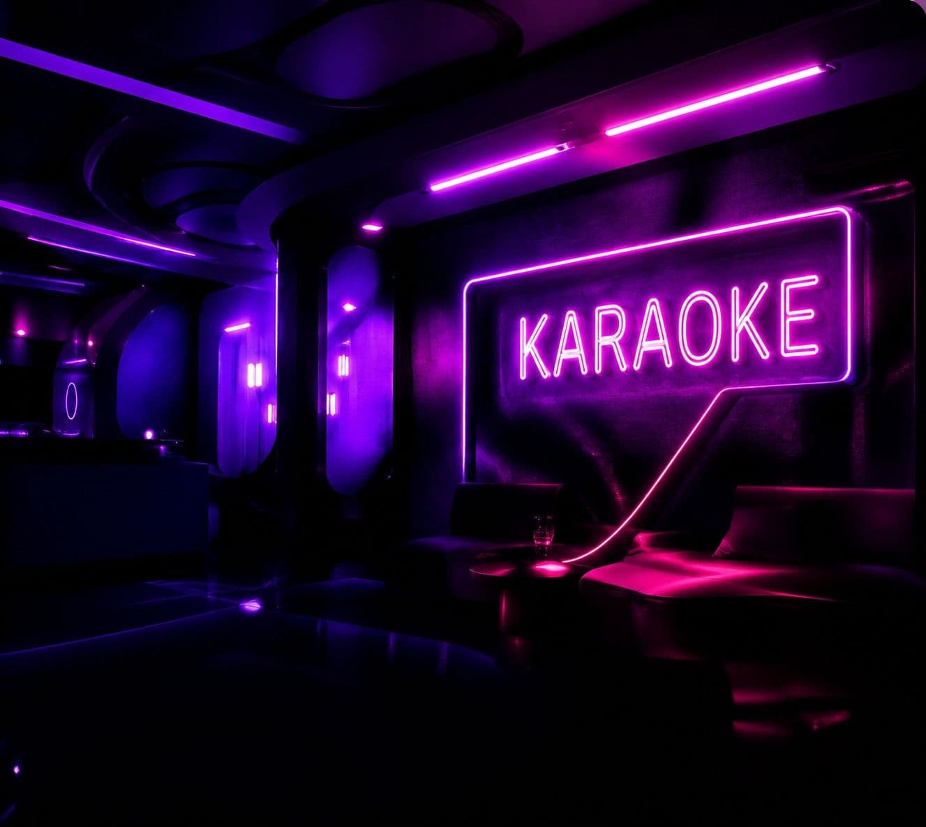 Karaoke room with a purple neon karaoke sign