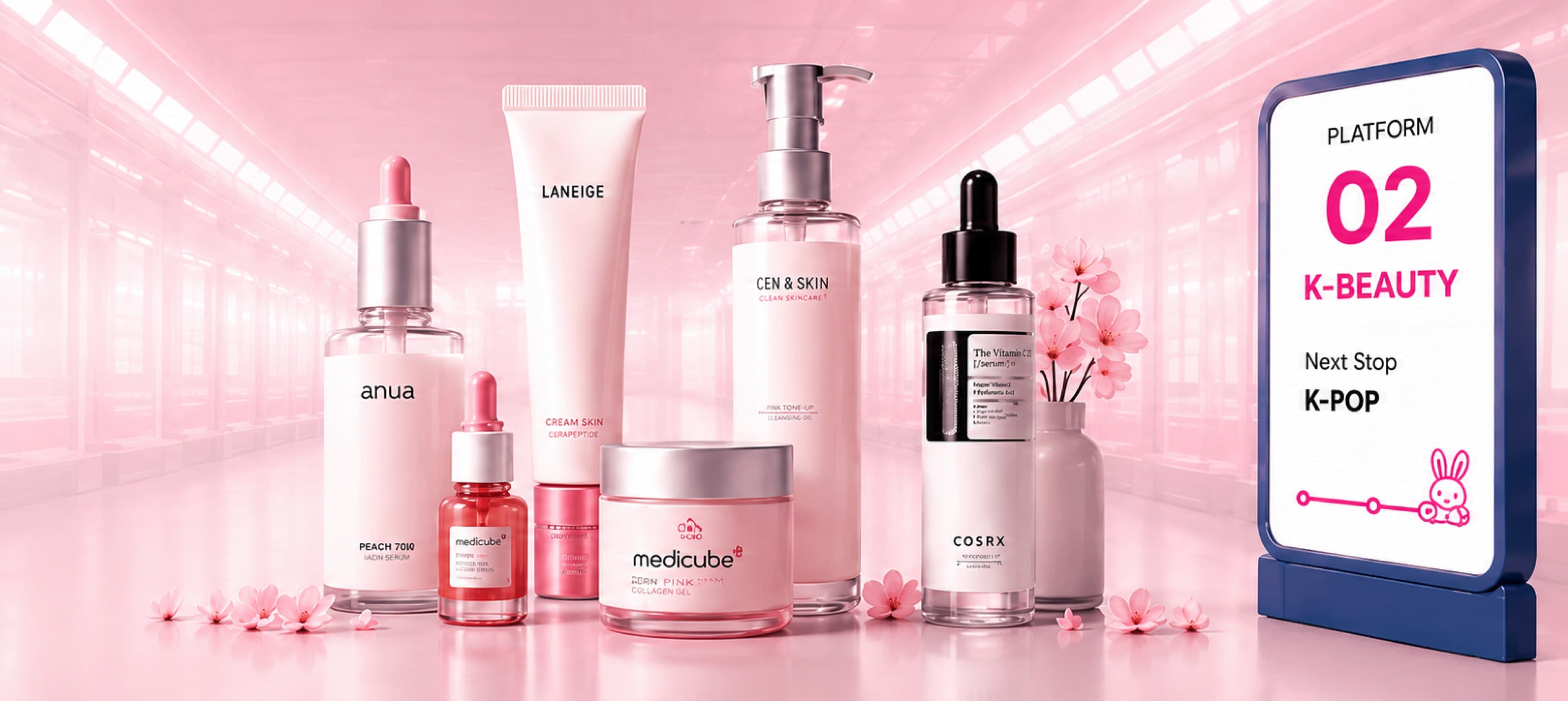 K-beauty skincare bottles on a pink station platform beside the Platform 02 K-Beauty sign