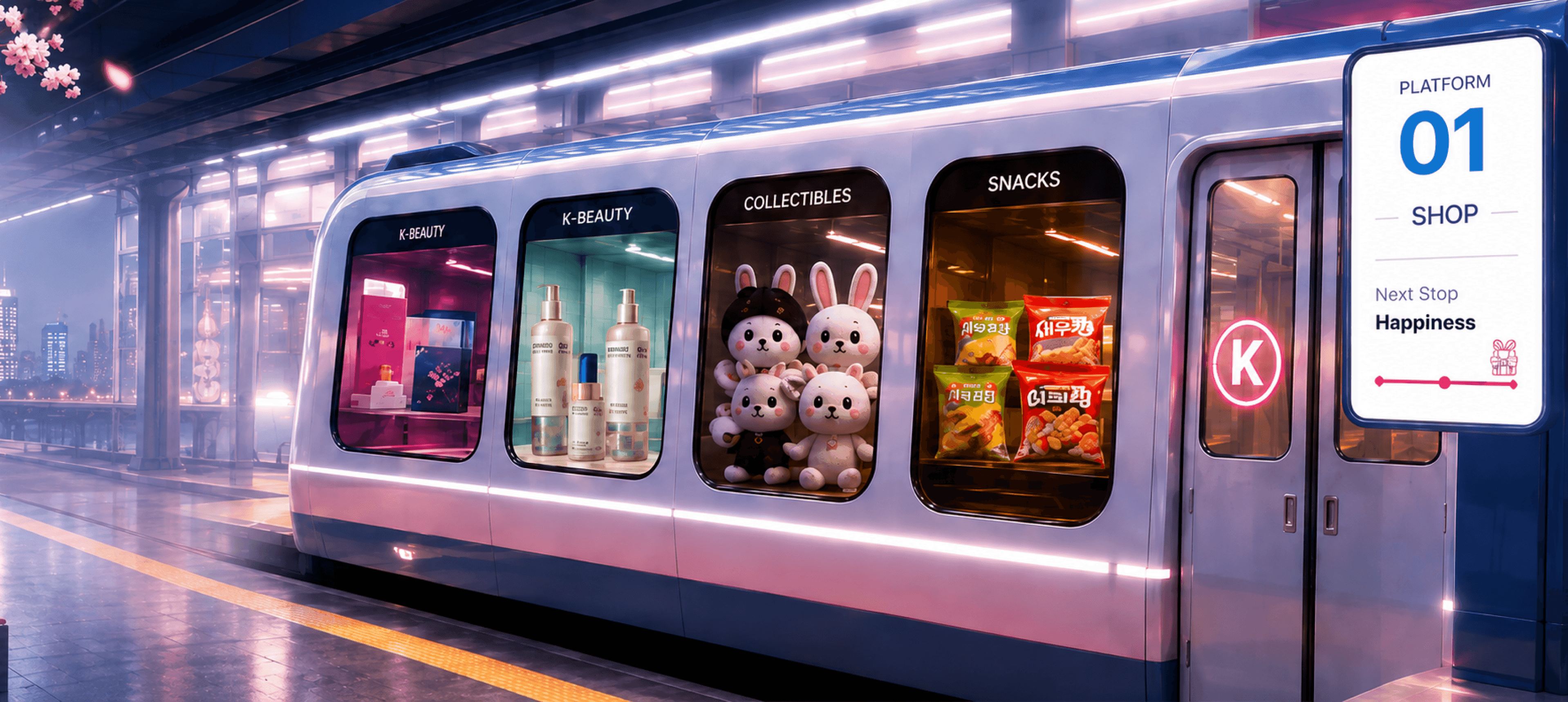 A K-Station train at the platform, its doors open onto lit K-Beauty, collectibles and snack displays